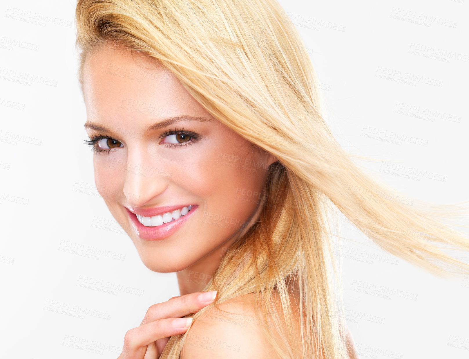Buy stock photo Happy woman, portrait and face in skincare, makeup or beauty cosmetics against a studio background. Closeup of female person, blonde or model smile in relax for spa, hair salon or facial treatment