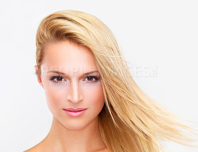 Buy stock photo Portrait, skincare and hair of a woman closeup in studio on a white background for natural wellness or cosmetics. Face, beauty and cosmetics with a confident young model at the salon for dermatology