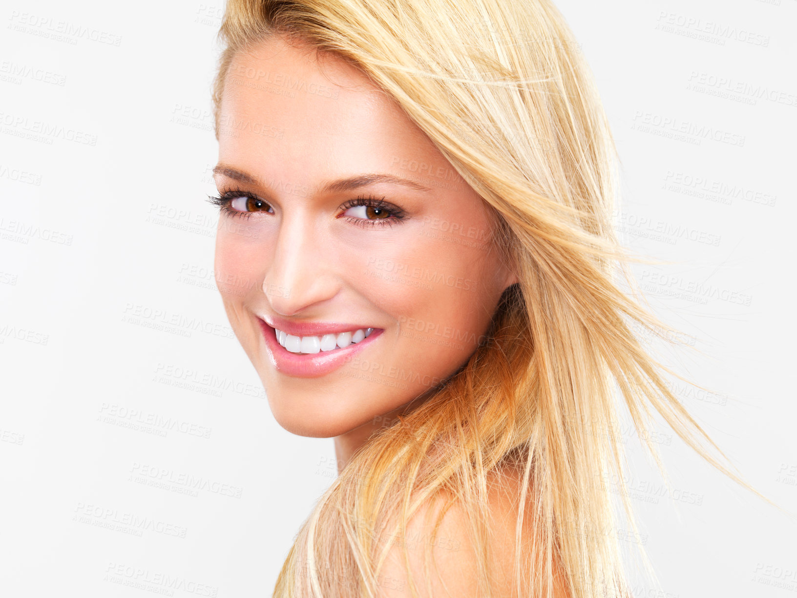 Buy stock photo Portrait, hair and smile with a natural woman in studio on a white background for luxury or keratin treatment. Face, beauty and makeup with a happy young model at the spa or salon for dermatology