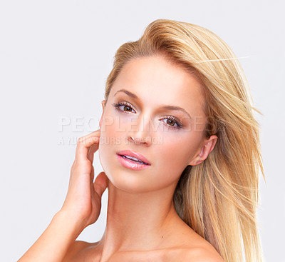 Buy stock photo Portrait, beauty and makeup of a woman closeup in studio on a white background for natural wellness or cosmetics. Face, skincare and foundation with a young model at the spa or salon for dermatology