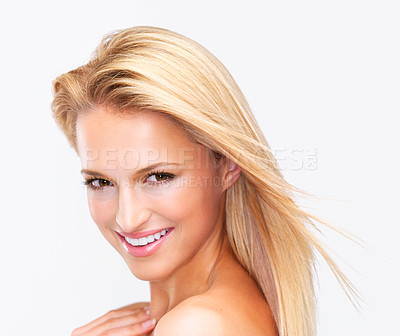 Buy stock photo Portrait, shampoo and hair of a woman closeup in studio on a white background for natural wellness or cosmetics. Face, beauty and smile with a happy young model at the spa or salon for dermatology