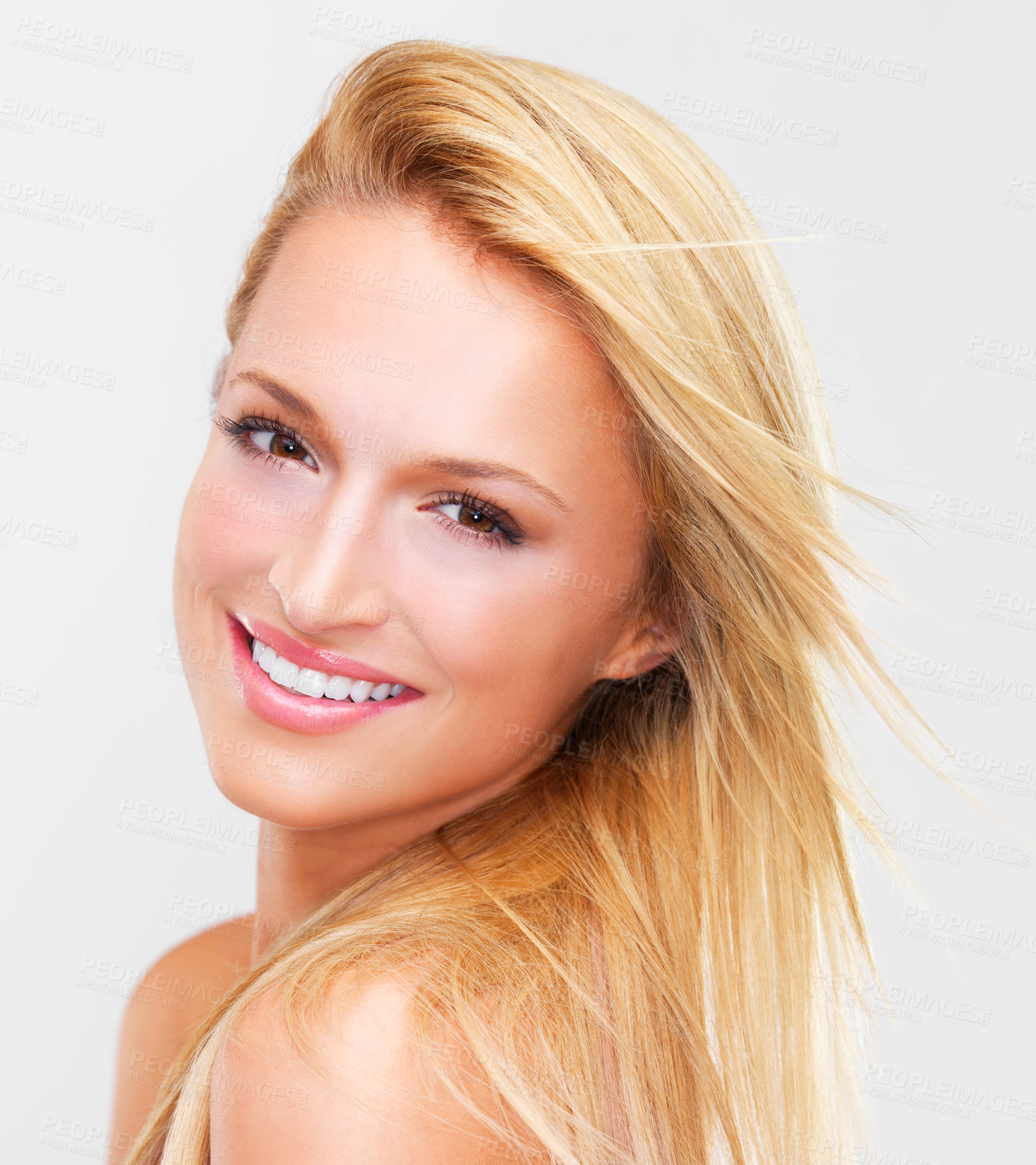 Buy stock photo Happy woman, portrait and face in skincare beauty, makeup or cosmetics against a studio background. Female person, blonde or model smile for spa salon or facial treatment in relax or skin dermatology