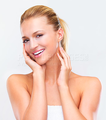 Buy stock photo Beauty, skincare and portrait of happy woman for wellness, facial treatment and cosmetics on white background. Dermatology, spa and face of isolated person for natural skin, salon and glow in studio