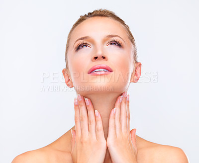 Buy stock photo Face, thinking and beauty of a woman closeup in studio on a white background for natural wellness or cosmetics. Vision, hands and skincare with a confident young model at the salon for dermatology
