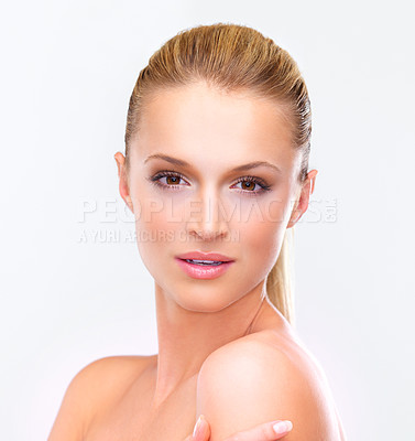 Buy stock photo Cosmetics, skincare and portrait of woman for wellness, facial treatment and beauty on white background. Dermatology, spa and face of isolated person for makeup, salon and luxury aesthetic in studio