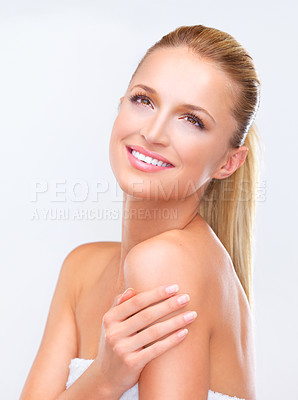 Buy stock photo Vision, beauty and smile of a woman closeup in studio on a white background for natural wellness or cosmetics. Face, skincare and thinking with a happy young model at the salon for dermatology
