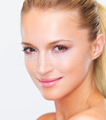 Buy stock photo Beauty, woman and smile portrait with white background, cosmetics and makeup in studio. Confidence, skincare and female model with skin glow and wellness from facial treatment and clean dermatology