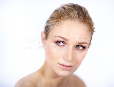 Buy stock photo Skincare, woman and thinking face in white background, studio and isolated for beauty, dermatology and wellness. Female model daydream of aesthetic glow, shine and cosmetic ideas of facial aesthetics