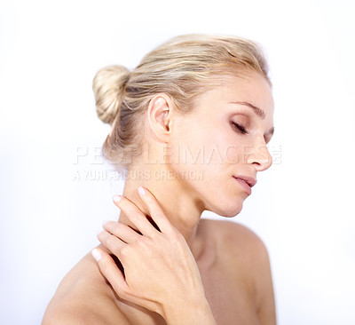 Buy stock photo Beauty, woman and natural skincare of neck, white background and isolated studio for dermatology. Female model with aesthetic glow, shine and clean cosmetics for facial aesthetics, wellness and salon