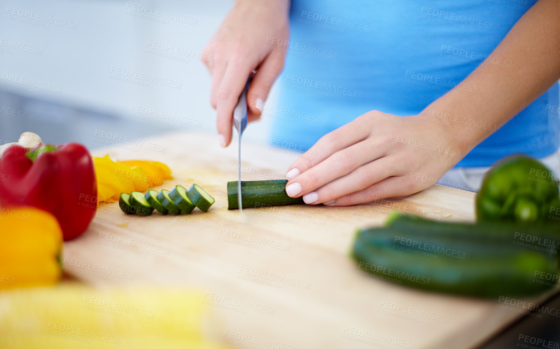 Buy stock photo Woman, hands and cutting vegetables for healthy eating, nutrition or fiber on chopping board at home. Hand of female person preparing vegetable meal for diet, organic or natural food in kitchen