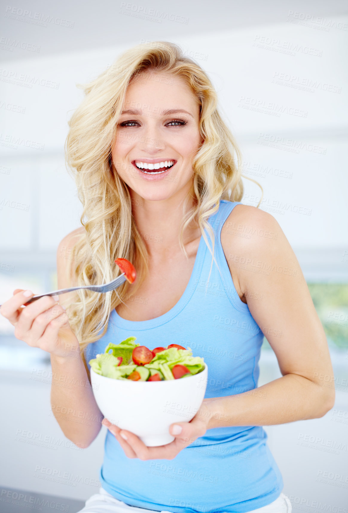 Buy stock photo Woman, portrait smile and salad bowl for healthy eating, nutrition or dieting in the kitchen at home. Happy female person smiling in happiness for vegetable diet, organic meal or natural food indoors