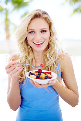 Buy stock photo Woman, portrait smile and fruit bowl for healthy eating, nutrition or fiber in dieting outdoors. Happy female person smiling in happiness for breakfast diet, organic meal or natural food in nature
