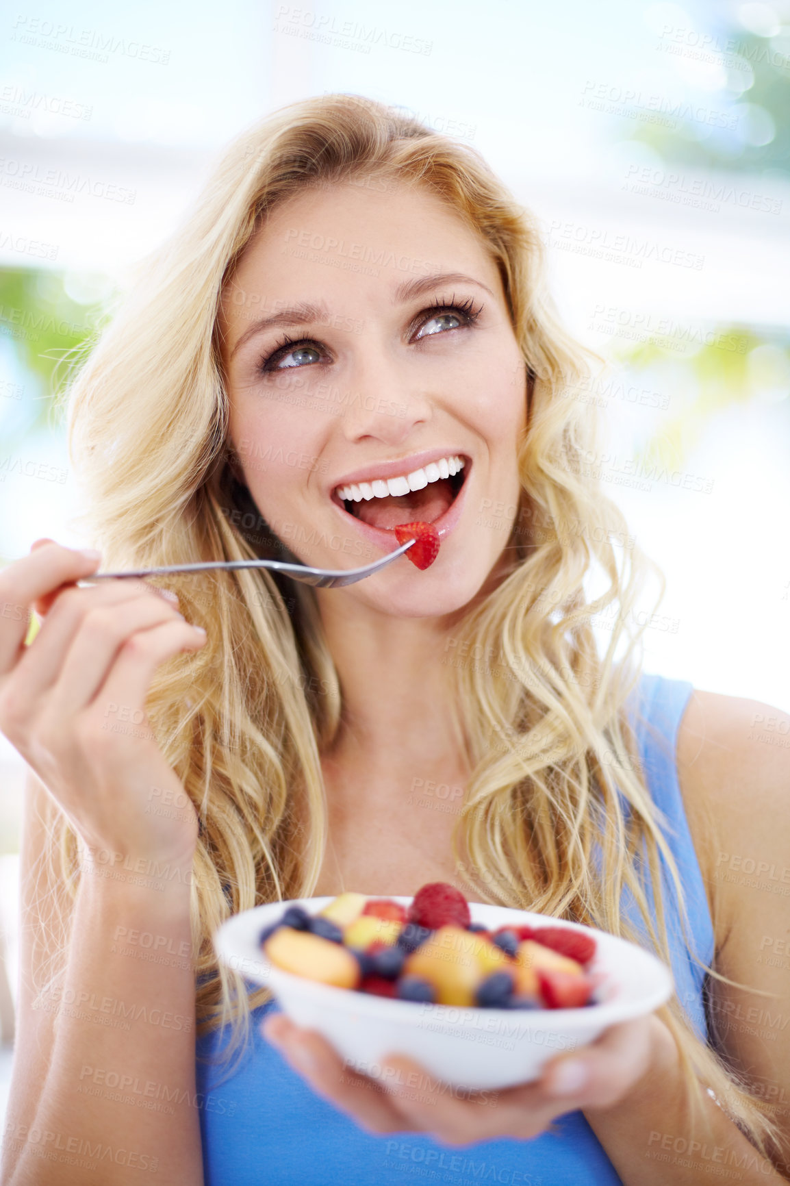 Buy stock photo Happy woman, smile and fruit bowl for healthy diet, eating or fiber nutrition outdoors. Female person smiling in happiness or satisfaction for sustainability, organic meal or natural food in nature