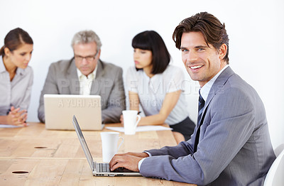 Buy stock photo Business man in portrait, typing on laptop in meeting and corporate leader in conference room. Leadership, male person with smile and planning with technology in workplace, confidence and pride