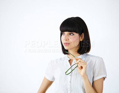 Buy stock photo Business woman, thinking and idea mockup of a creative management employee with job inspiration. Isolated person, white background and glasses of a female writer and young worker with ideas for work