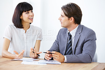 Buy stock photo Business people are talking about paperwork in meeting, team in conference room and collaboration. Data analysis, employees coworking with man and woman in office, teamwork and plan with documents