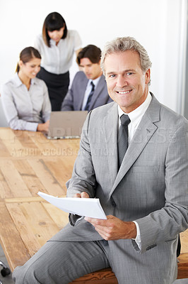 Buy stock photo Business man in portrait, leadership in meeting with paperwork and corporate CEO in conference room. Senior executive male smile, presentation and professional businessman in workplace with pride