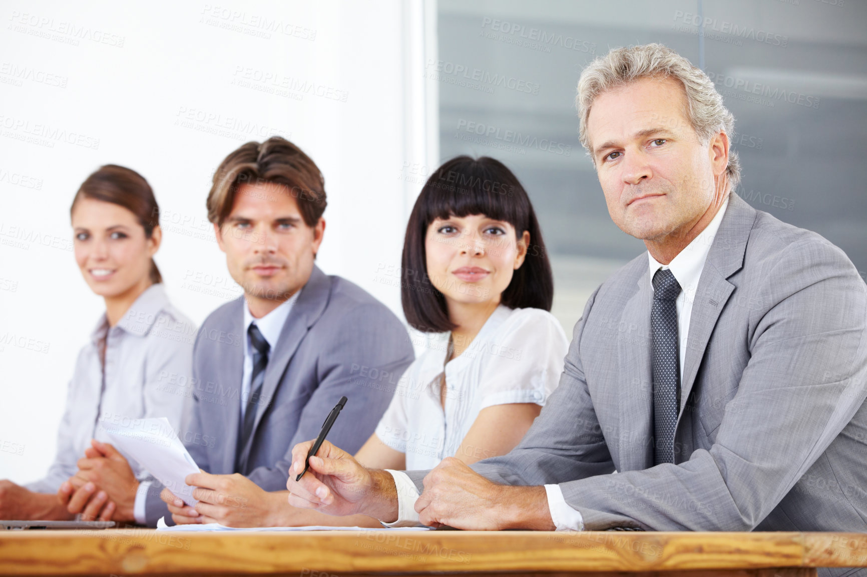 Buy stock photo Portrait, collaboration and a group of business people sitting in the boardroom for a training meeting. Teamwork, strategy or planning with corporate men and women working together in the office