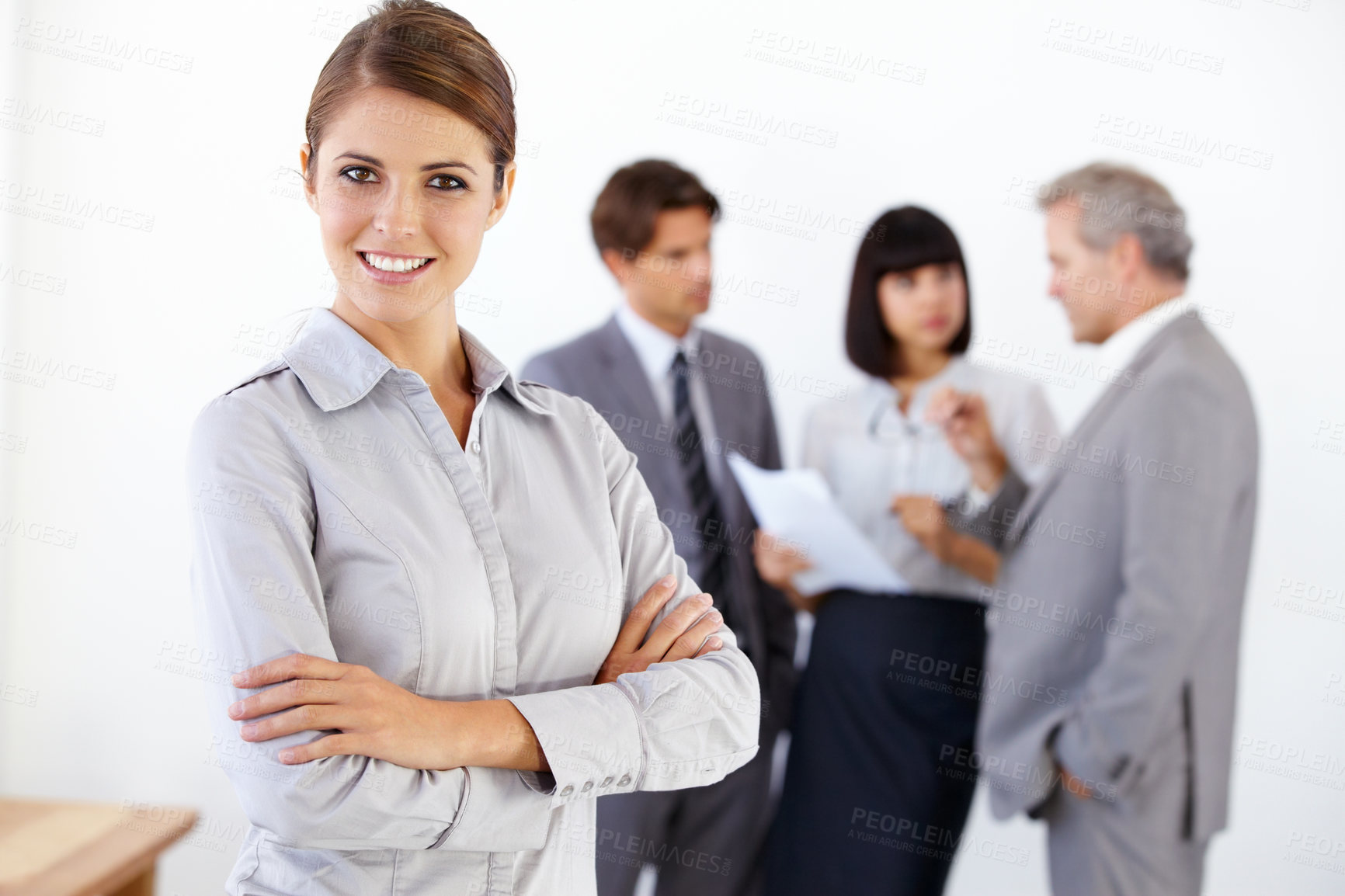 Buy stock photo Business woman, portrait smile and arms crossed in meeting for leadership or team management at office. Happy female entrepreneur manager smiling in confidence for teamwork collaboration at workplace