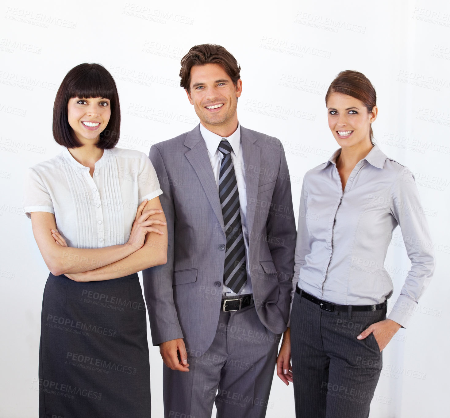 Buy stock photo Business people, corporate team in portrait with smile, confidence and collaboration against white background. Coworking group, man and women are happy working together with teamwork and support