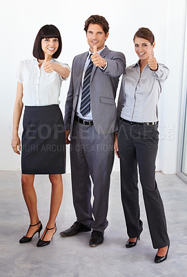 Buy stock photo Business people, portrait and thumbs up for winning, celebration or good job in teamwork at the office. Group of happy employee workers showing thumb emoji for yes sign, like or approval at workplace