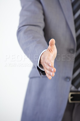 Buy stock photo Businessman, handshake and meeting for greeting, hiring or introduction for b2b, partnership or deal at the office. Employee man shaking hands for recruiting, thank you or welcome at the workplace