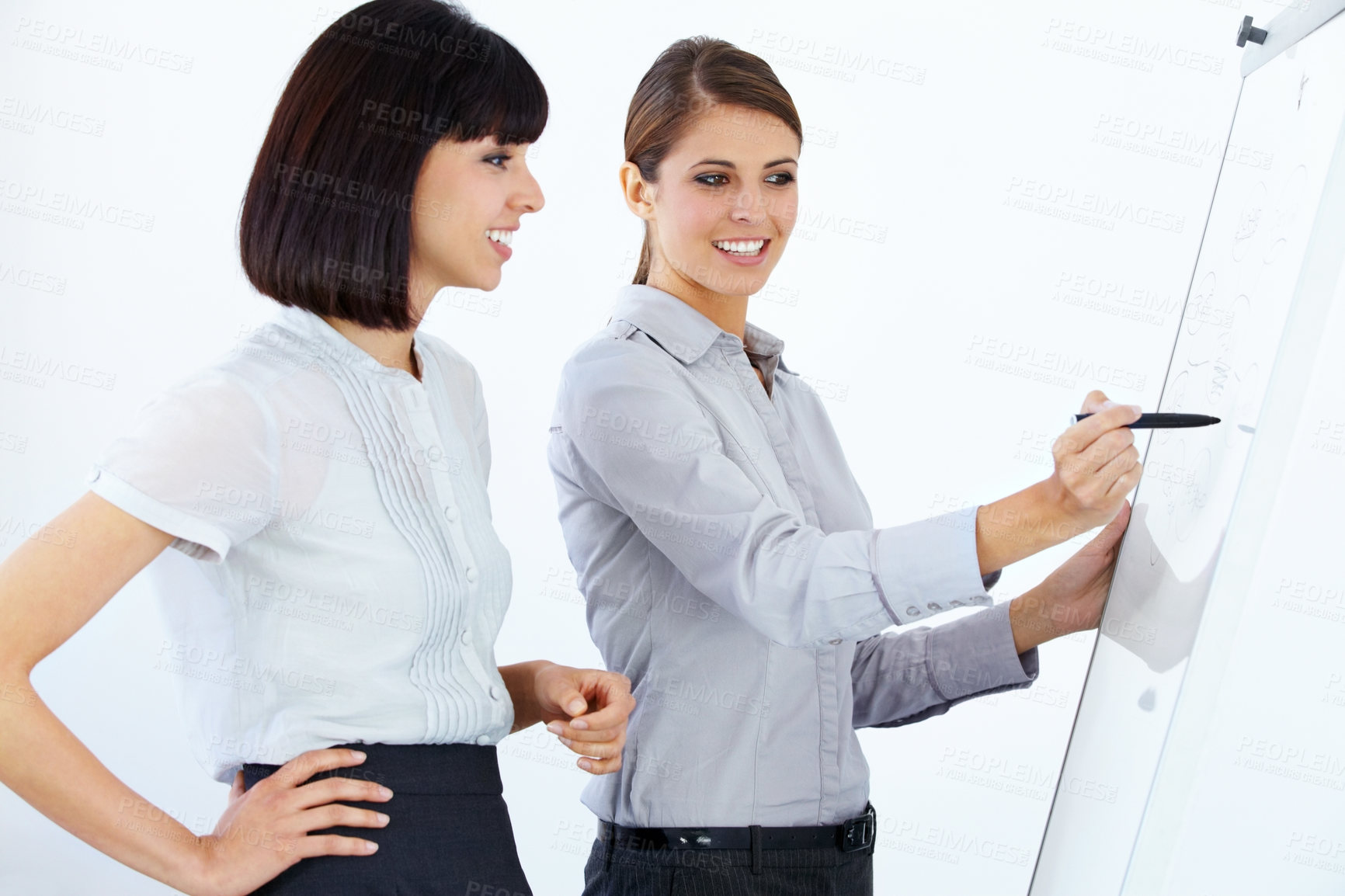 Buy stock photo Business people, writing and coaching in meeting on whiteboard for planning, strategy or collaboration at office. Employee women in planning, schedule or training staff in presentation at workplace