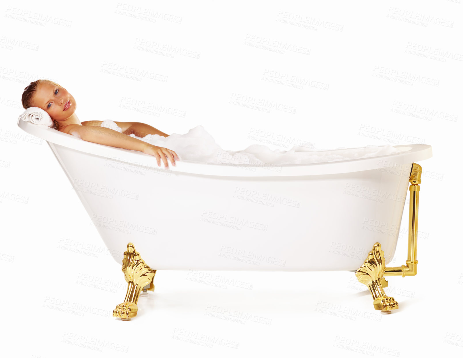 Buy stock photo Portrait, bath tub and studio woman cleaning, grooming or washing for relax body care, hygiene or spa skincare treatment. Bathroom bubbles, soap foam and salon person wellness on white background