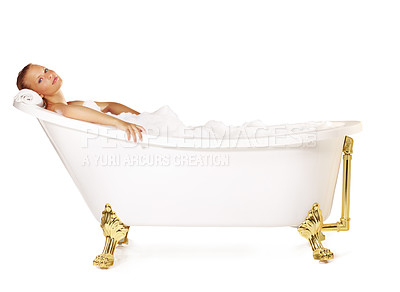 Buy stock photo Pretty young woman relaxing in a bath tub