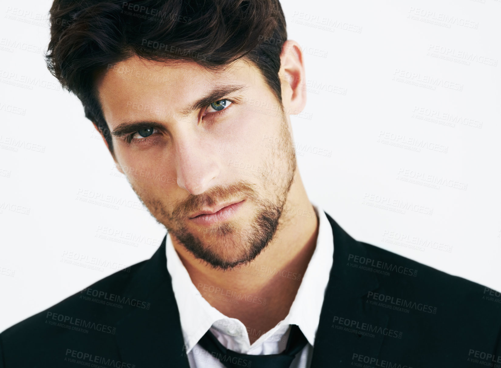 Buy stock photo Portrait, serious and business man in studio isolated on a white background for corporate career. Face, confidence and handsome professional, entrepreneur and consultant, worker or employee in Spain