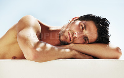 Buy stock photo Handsome man, portrait and face in relax for beauty, skincare or vitamin D from the sun. Attractive male person or model relaxing or lying for spa treatment, health and wellness on mockup space