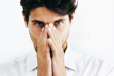 Buy stock photo Portrait, sick and man covering nose, allergies or disease, cold or fever in studio isolated on a white background. Face, hands and business professional with flu, allergy or virus and bacteria