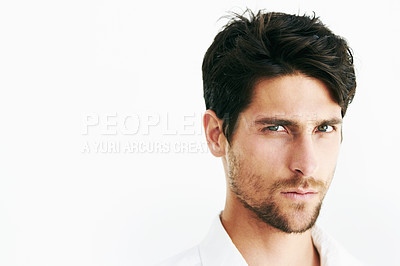 Buy stock photo Portrait, confidence and business man in studio isolated on a white background mockup space for job. Face, serious and handsome professional, entrepreneur and consultant, worker or employee in Spain