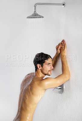 Buy stock photo Shower, man rest and bathroom with body cleaning and soap in the morning in home. Water, young male person and smile with hygiene and clean skin care in house with cosmetic grooming and shaving foam 