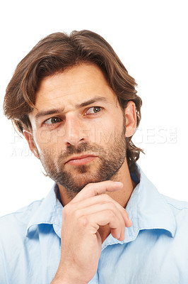 Buy stock photo Business, thinking and face of man in studio isolated on a white background. Pensive, planning and male entrepreneur, ceo or boss focus, lost in thoughts and contemplating sales or advertising ideas.