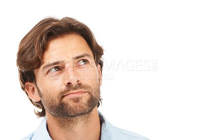 Buy stock photo Thinking, idea and face of businessman on a white background for brainstorming, planning and strategy. Creative leader, inspiration and male entrepreneur for vision, thoughtful and goals in studio