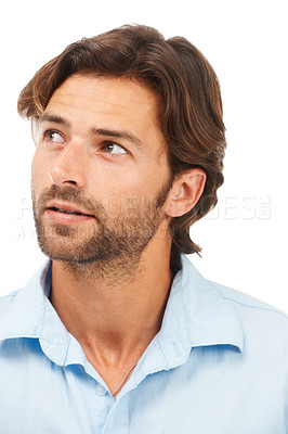 Buy stock photo Thinking, ideas and face of businessman on a white background for brainstorming, planning and strategy. Creative leader, inspiration and male entrepreneur with vision, thoughtful and goals in studio