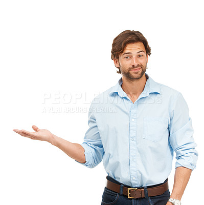 Buy stock photo Portrait, businessman and hand with space for gesture or idea on studio white background. Face, man and hands pointing for planning, thinking and startup goal, vision and planning, choose or option