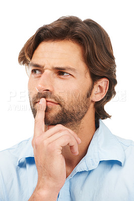Buy stock photo Face, thinking and business man in studio isolated on a white background. Pensive, planning and male entrepreneur, ceo or boss focus, lost in thoughts and contemplating sales or advertising ideas.