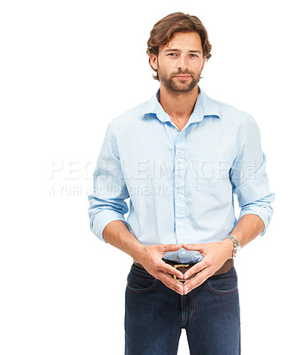 Buy stock photo Business, portrait and man with hands together, corporate and speaker isolated on white studio background. Male entrepreneur, ceo and presenter with focus, presenting report, sales feedback and idea