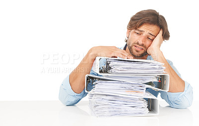 Buy stock photo Business document, stress and work headache of a man worker with compliance anxiety about audit. Businessman burnout, tax documents and depressed finance analyst with mental health issue from job