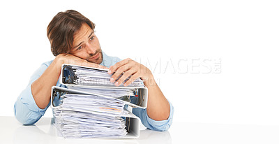 Buy stock photo Accounting, stress and corporate headache of man with compliance anxiety of audit with mock up. Businessman burnout, tax documents and depressed fear of finance job and mental health issue 