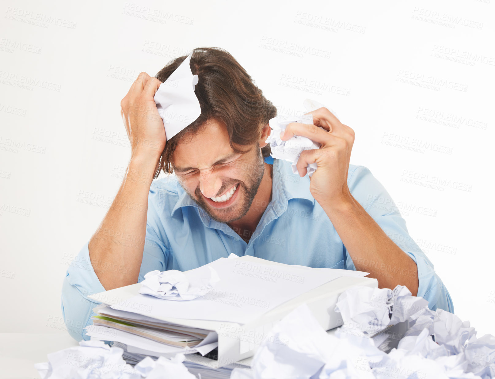 Buy stock photo Burnout, stress and businessman with crumpled paper for brainstorming, thinking of bad ideas and strategy. Corporate work, anger and frustrated employee with mess of documents, paperwork and notes 