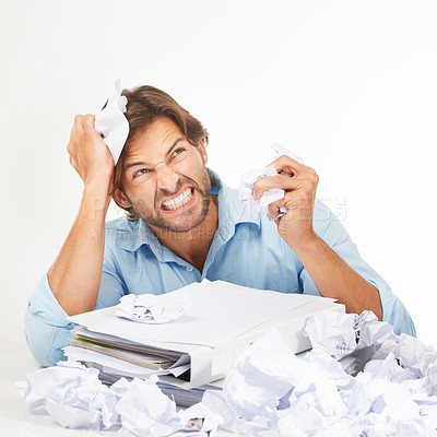 Buy stock photo Business, paper and man angry, stress and frustrated with mental health, documents and employee isolated on white studio background. Writer, paperwork and worker upset, annoyed with work and burnout 
