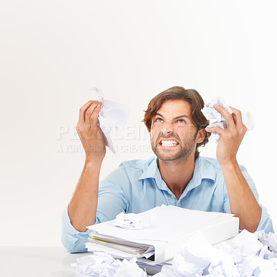 Buy stock photo Angry, stress and businessman with crumpled paper for brainstorming, thinking of bad ideas and strategy. Corporate work, burnout and frustrated employee with mess of documents, paperwork and notes 