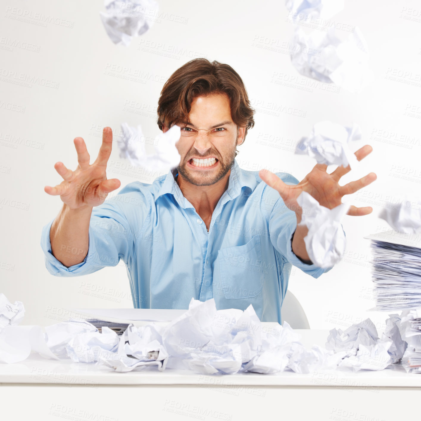 Buy stock photo Anger, business man portrait and accounting documents with frustrated worker with white background. Isolated, overworked and angry professional with paperwork, files and audit working with stress
