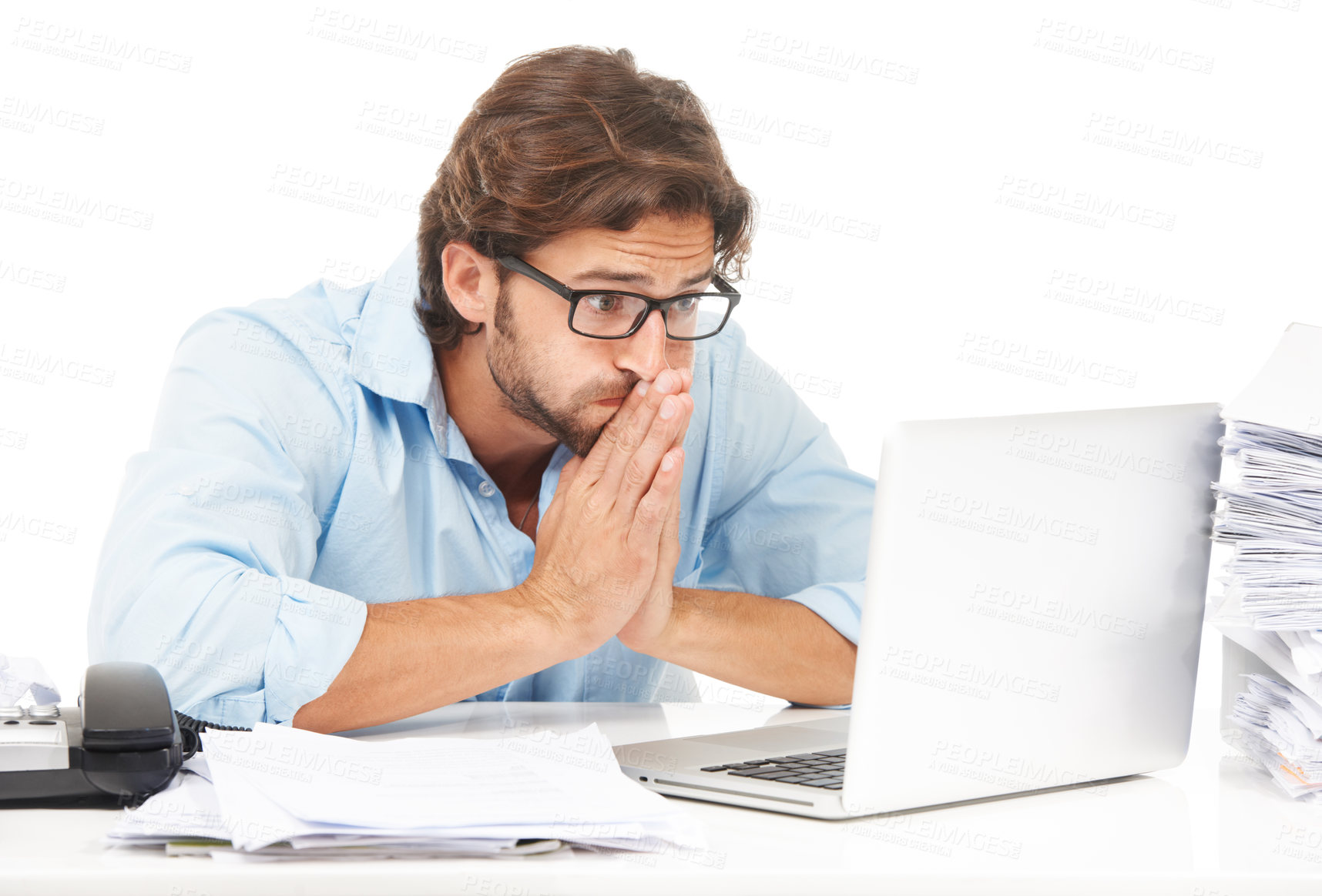 Buy stock photo Laptop, praying and business man hope for financial profit, stock market growth or economy investment success. Studio, online bitcoin mining or trader trading crypto, forex or nft on white background