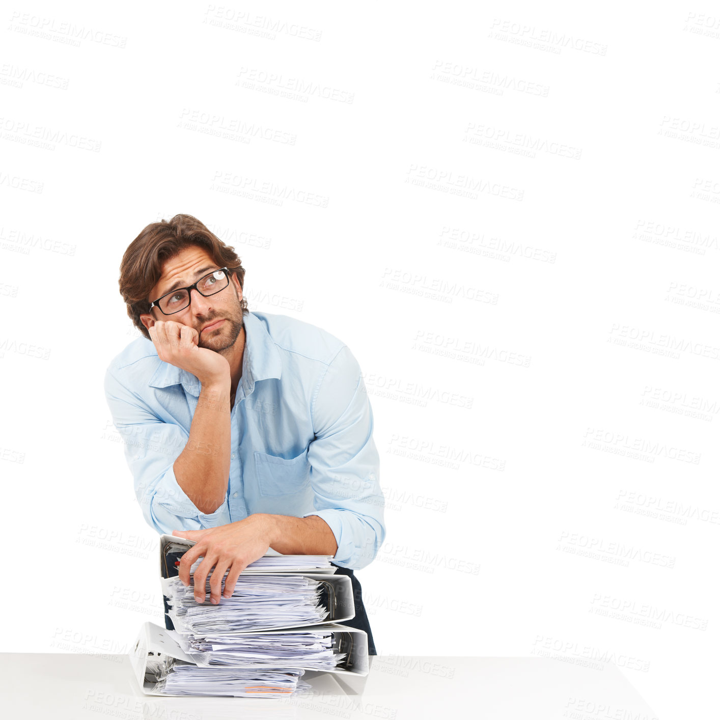 Buy stock photo Burnout, stress and businessman with stack of paperwork on desk for deadline, corporate project and report. Ideas, vision and tired employee thinking with pile of files, papers and documents on desk