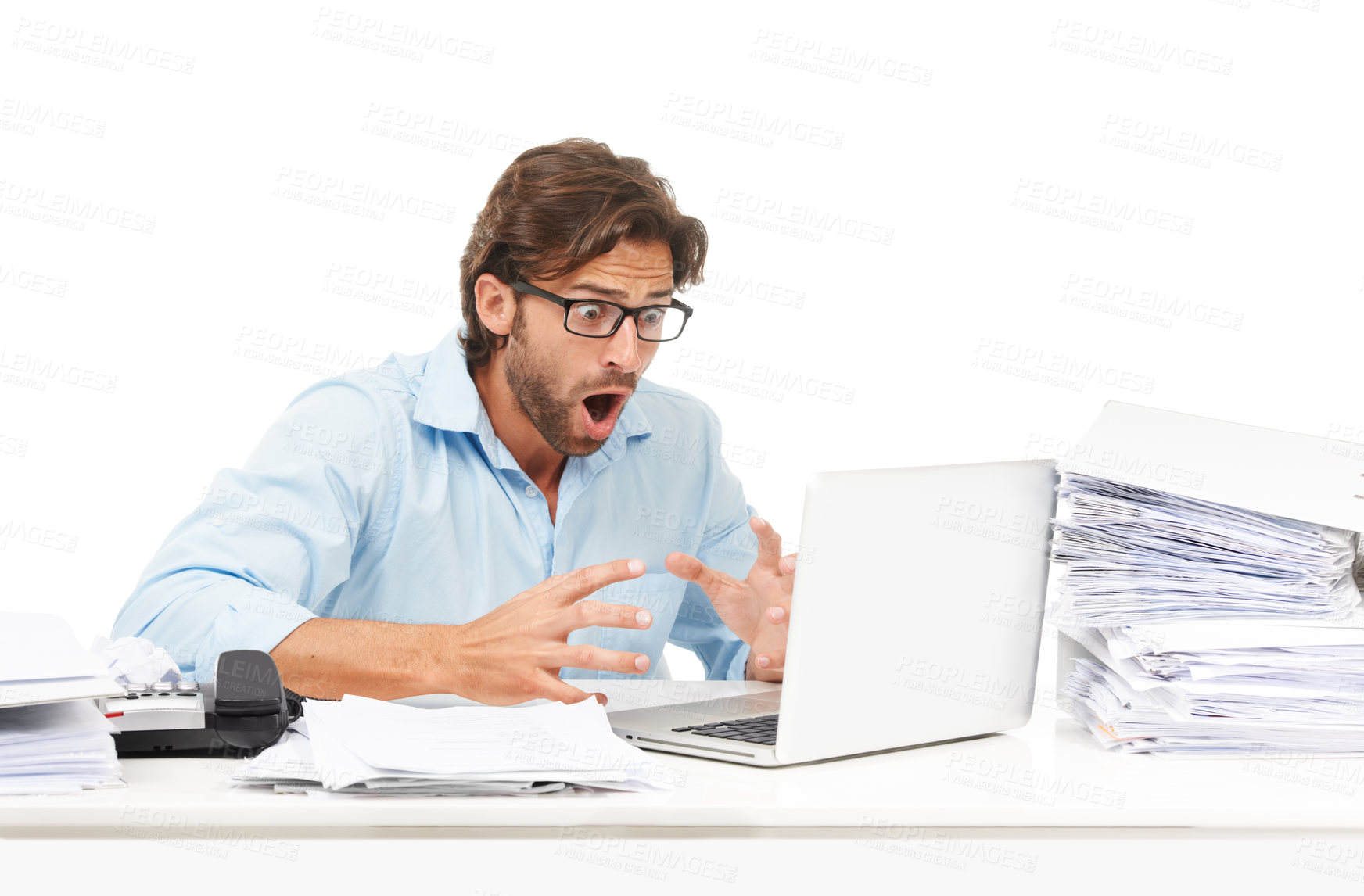 Buy stock photo Laptop, paperwork and businessman with shock after reading information online in studio. Shocked, surprise and professional male employee with wtf or omg facial expression with computer and documents