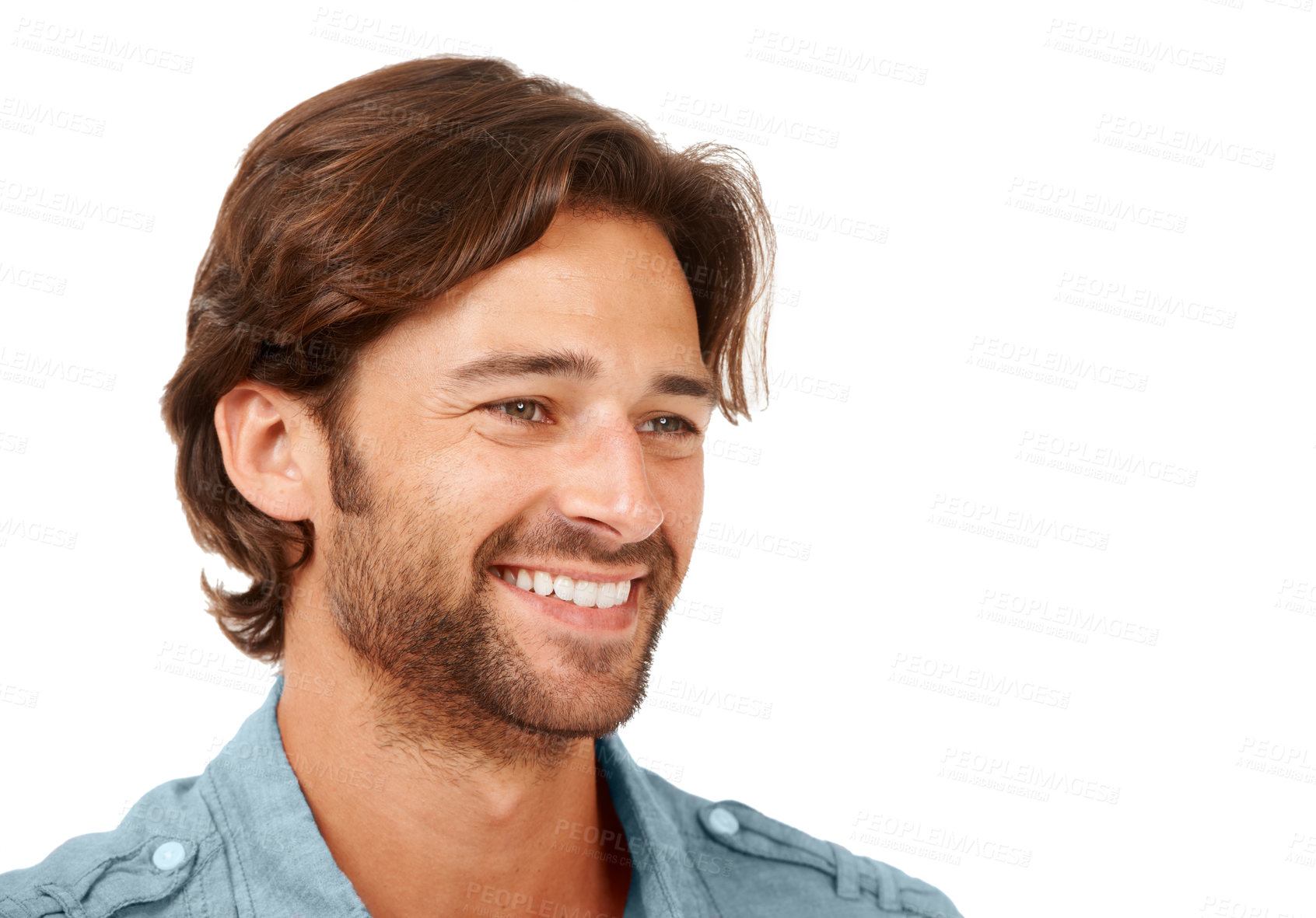 Buy stock photo Smile, happy and face of a man thinking of an idea on an isolated white background in a studio. Happiness, content and smiling model with a beard, daydream and thoughtful on a studio background